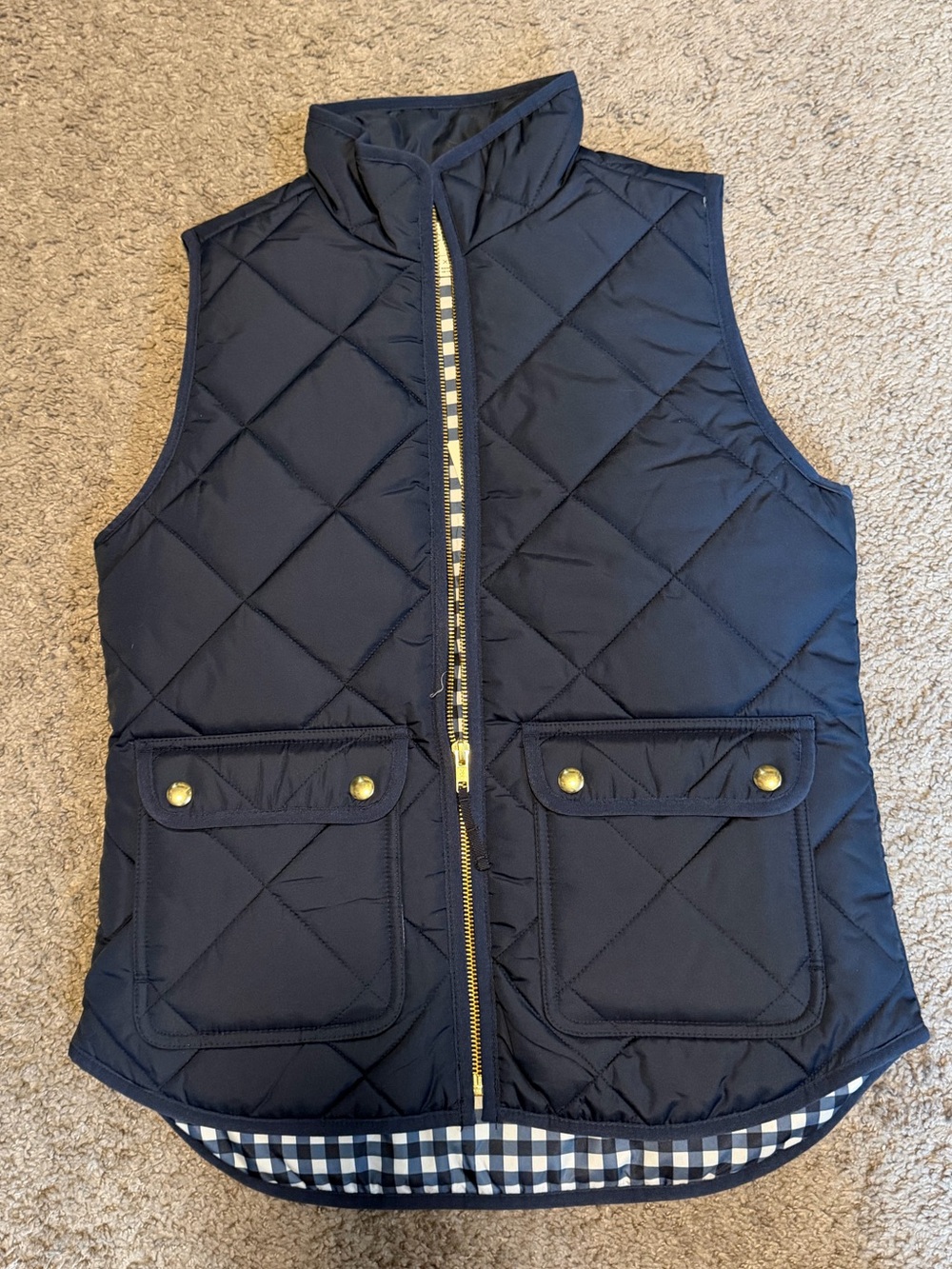 J. Crew Quilted Navy Puffer Vest with Snap Pockets and Gold Hardware